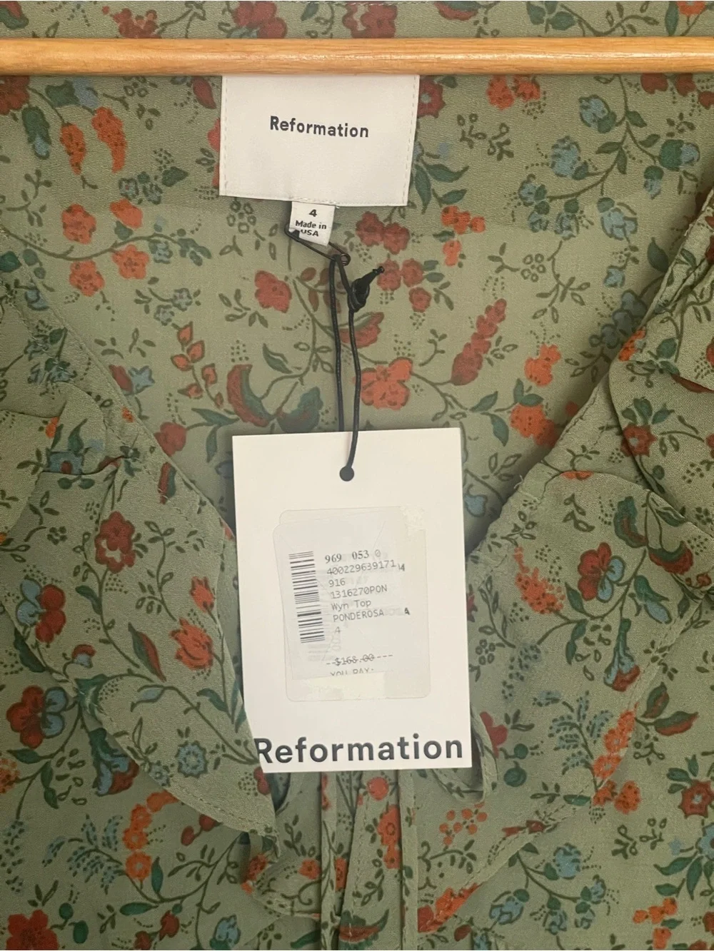 NEW REFORMATION Wyn Top PONDEROSA Green Floral Ruffle TieNeck Blouse Puff Sleeve